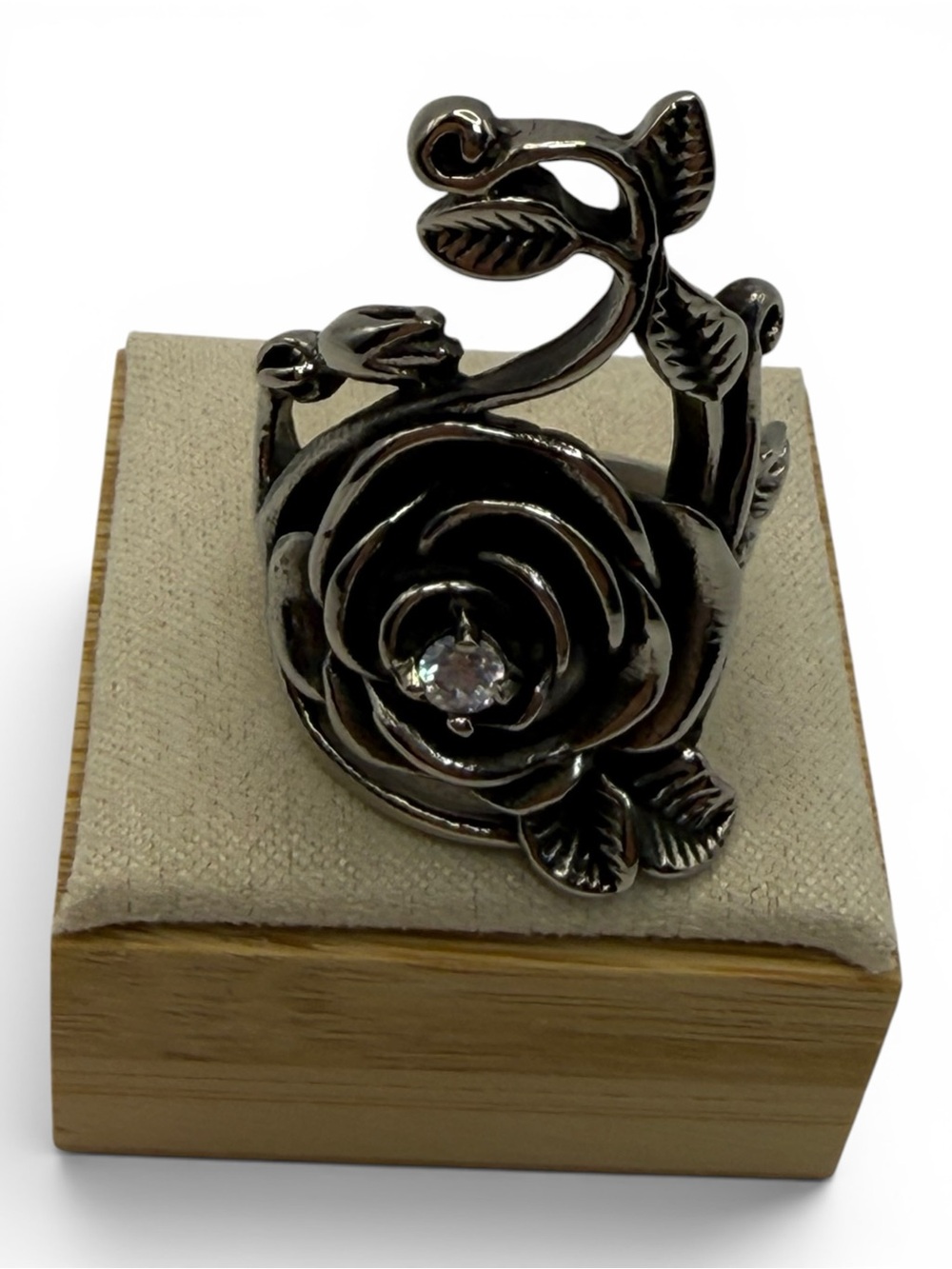 Floral Rose Statement Ring in Silver and Black Accent Edges with Center Stone